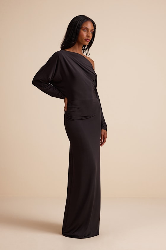 Valani Black Jersey Knit Asymmetrical Long Sleeve Maxi Dress