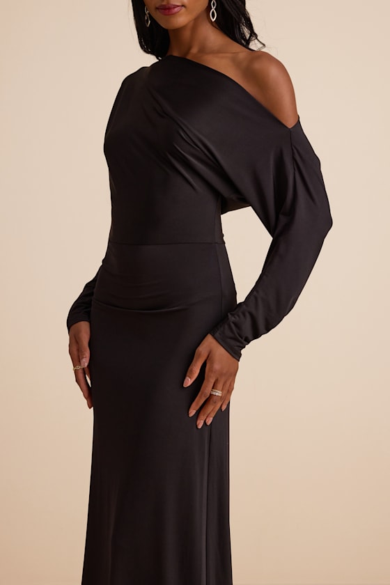 Valani Black Jersey Knit Asymmetrical Long Sleeve Maxi Dress
