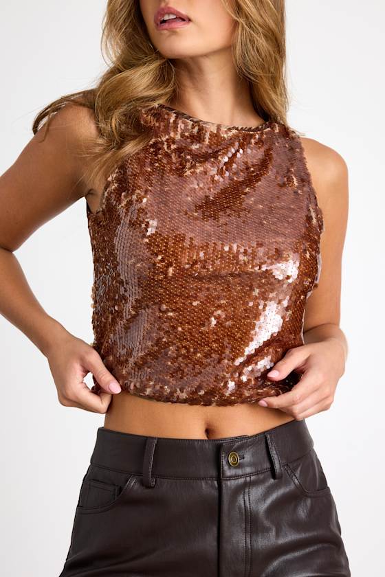 Chelia Shiny Brown Sequin Cropped Tank Top