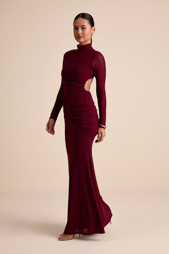 Madahlia Wine Red Mesh Mock Neck Cutout Maxi Dress