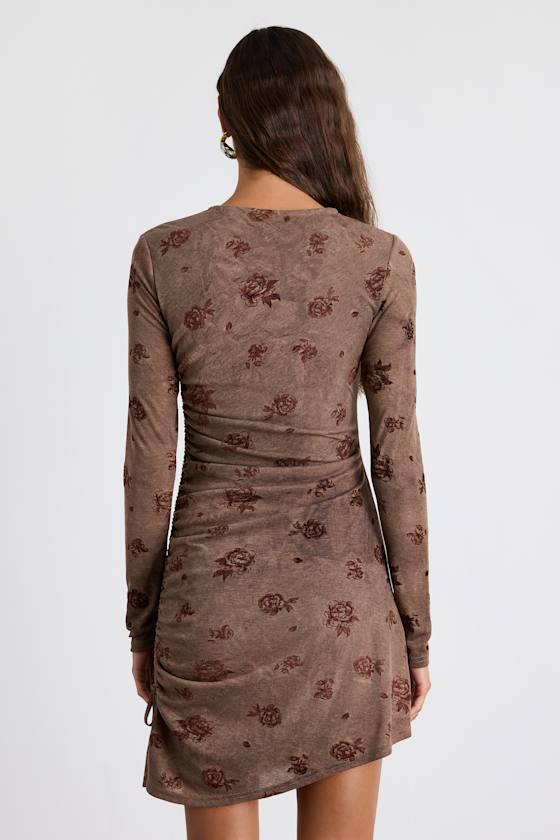 Laudie Light Brown Rose Print Ruched Mini Dress