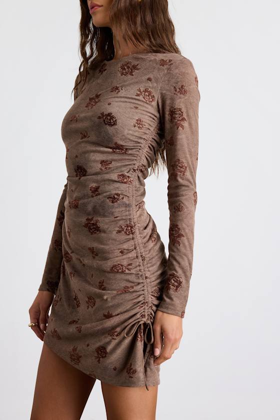 Laudie Light Brown Rose Print Ruched Mini Dress