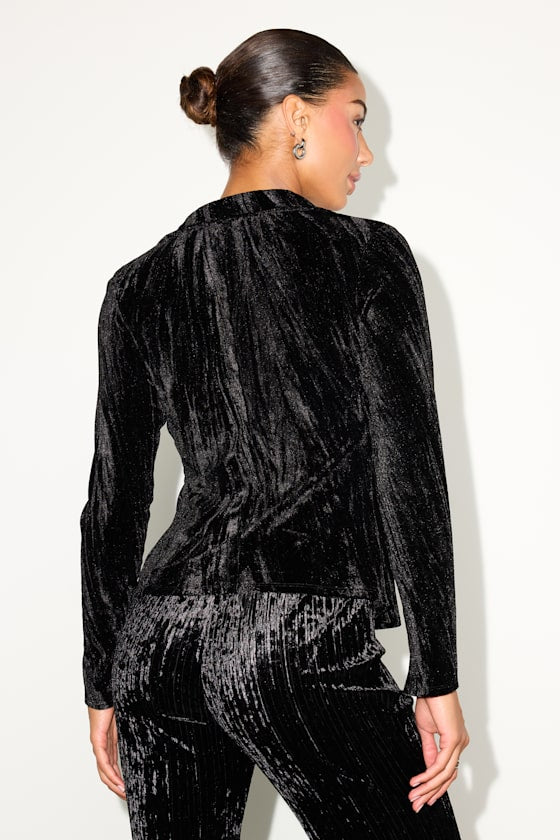 Saelora Black Crushed Velvet Clasp-Front Long Sleeve Top