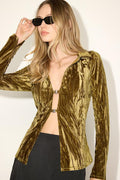 Saelora Olive Crushed Velvet Clasp-Front Long Sleeve Top
