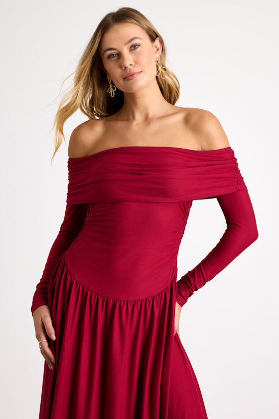 Sescca Wine Red Off-the-Shoulder Jersey Knit Maxi Dress