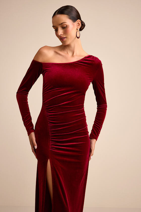 Notorious Icon Wine Red Velvet Asymmetrical Maxi Dress