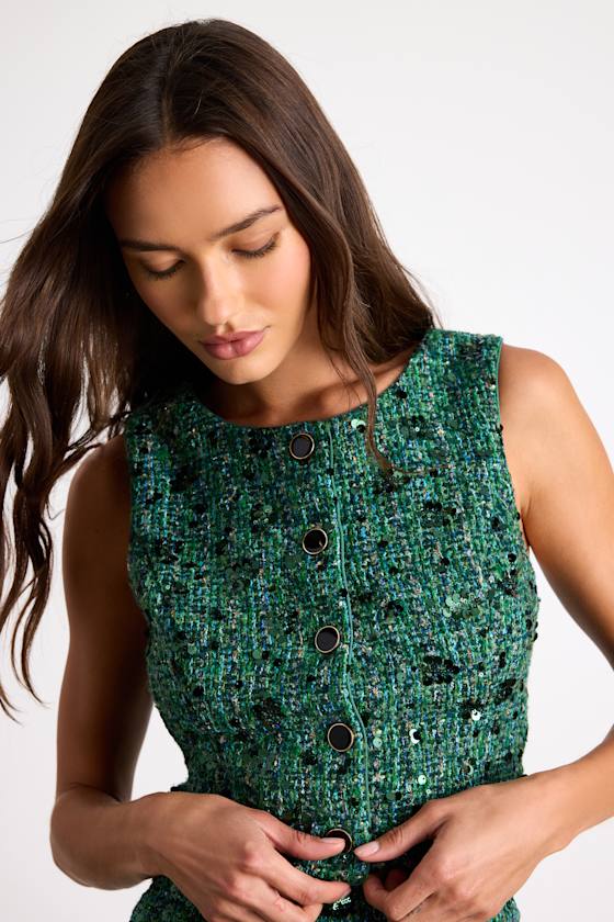 Namari Emerald Tweed Sequin Button-Front Crop Top