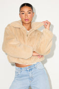 Eliah Beige Faux Fur Collared Zip-Front Jacket