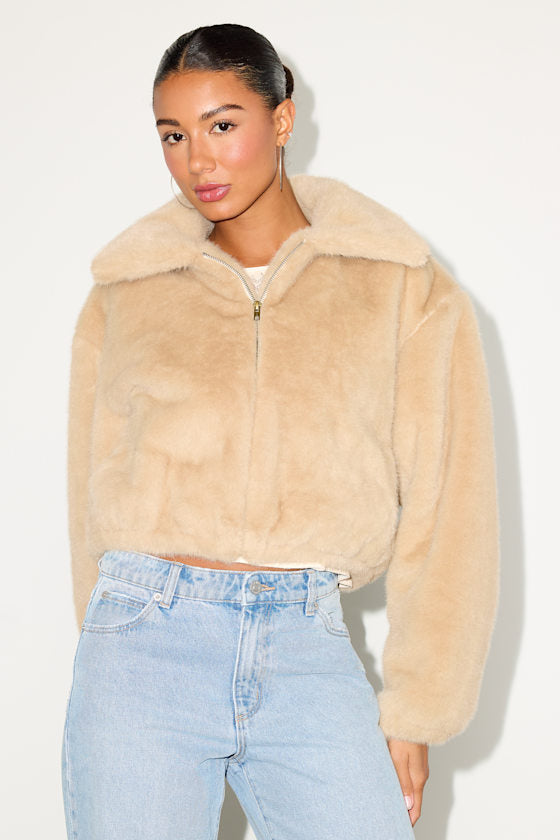 Eliah Beige Faux Fur Collared Zip-Front Jacket