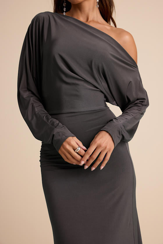 Valani Charcoal Jersey Knit Asymmetrical Long Sleeve Maxi Dress