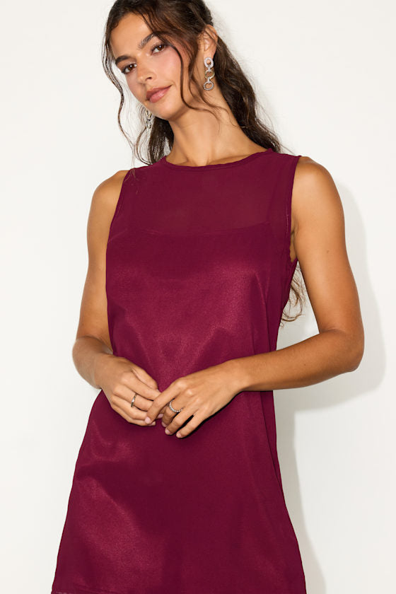 Kataleya Wine Red Chiffon Sleeveless Mini Shift Dress