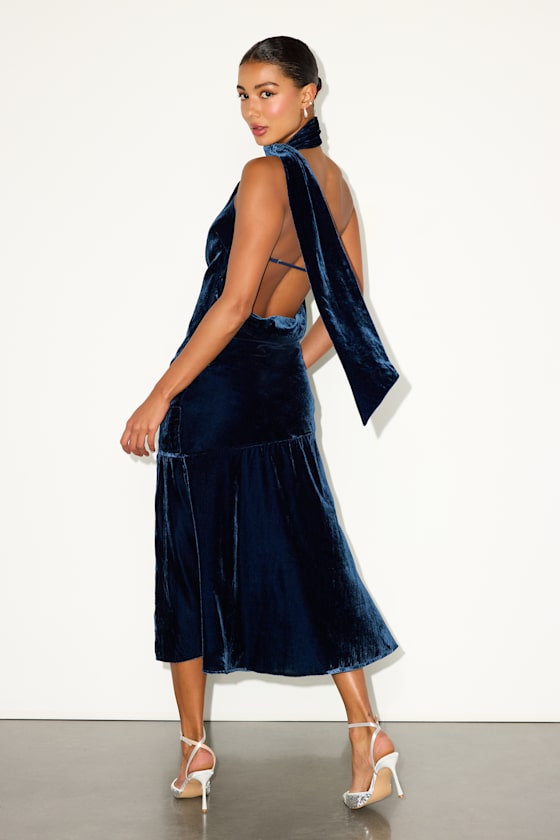 Alis Navy Velvet One-Shoulder Sash Midi Dress