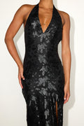 Rosaria Black Burnout Lurex Backless Halter Midi Dress