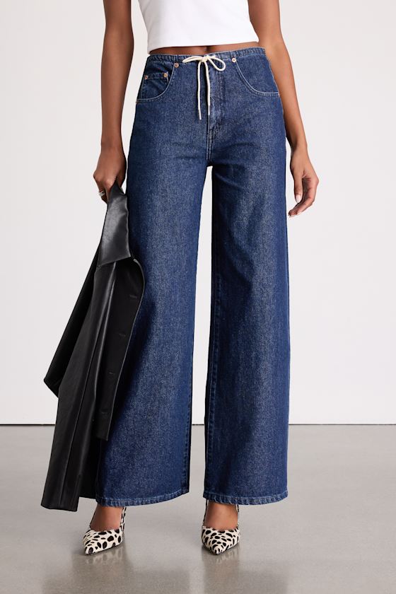 Madison Dark Wash Drawstring Wide-Leg Jeans