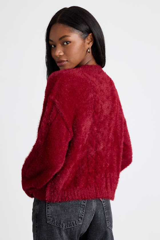 Ashby Berry Red Braided Eyelash Knit Cardigan Sweater