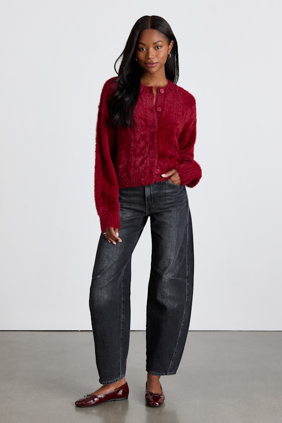 Ashby Berry Red Braided Eyelash Knit Cardigan Sweater