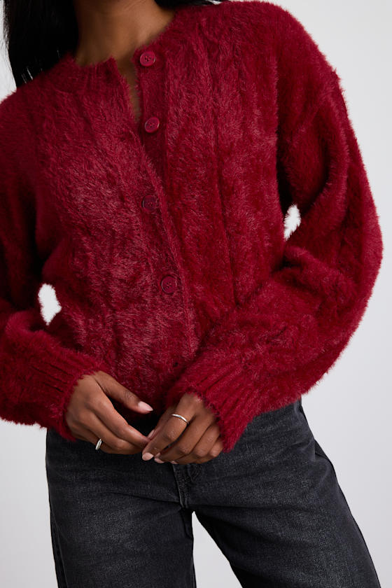 Ashby Berry Red Braided Eyelash Knit Cardigan Sweater