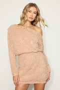 Mavie Beige Mesh Sequin One-Shoulder Mini Dress
