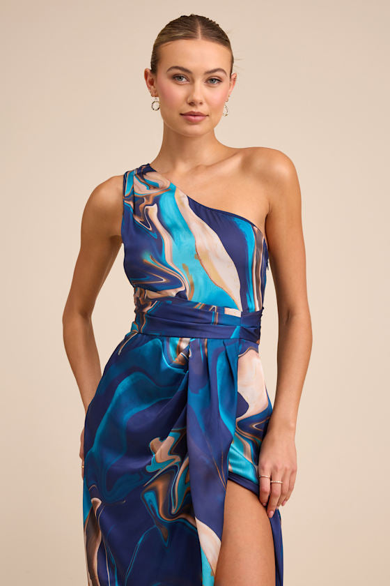 Rhema Blue Multi Abstract Print Satin Midi Dress