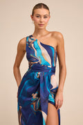 Rhema Blue Multi Abstract Print Satin Midi Dress