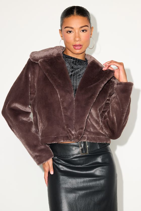 Cuddly Sensation Brown Faux Fur Cropped Jacket