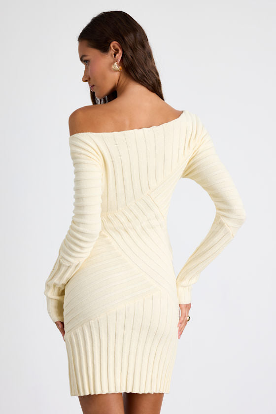 Penelope Cream Ribbed Off-the-Shoulder Sweater Mini Dress
