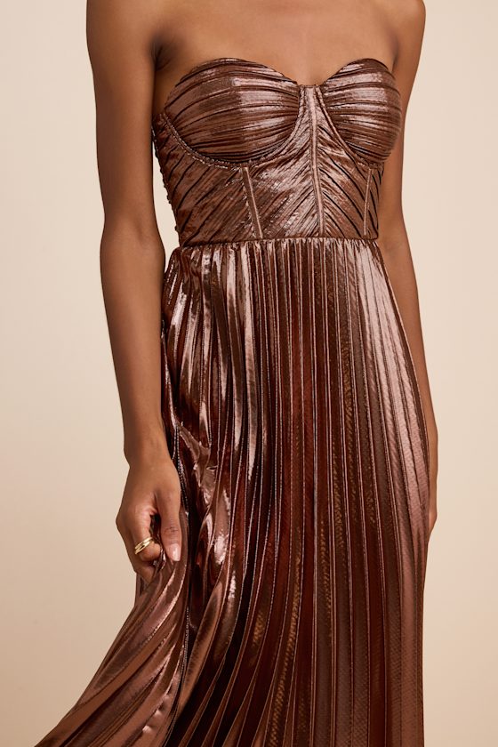 Shoshone Brown Pleated Lurex Strapless Bustier Maxi Dress