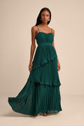 Jehona Emerald Green Pleated Tiered Maxi Dress