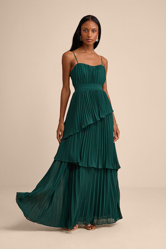 Jehona Emerald Green Pleated Tiered Maxi Dress