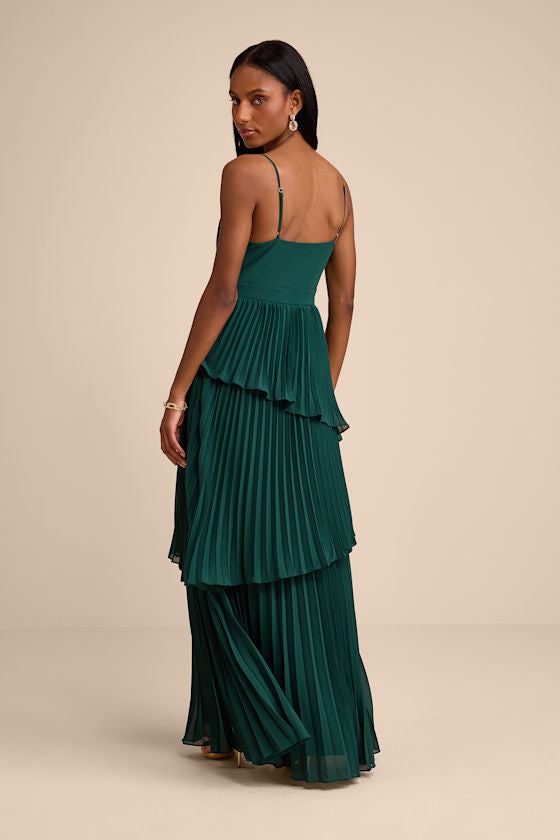 Jehona Emerald Green Pleated Tiered Maxi Dress