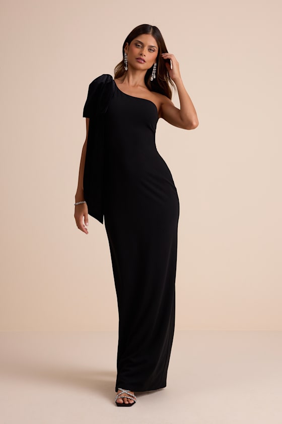 Amarila Black One-Shoulder Velvet Bow Maxi Dress