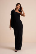 Amarila Black One-Shoulder Velvet Bow Maxi Dress