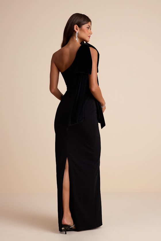 Amarila Black One-Shoulder Velvet Bow Maxi Dress