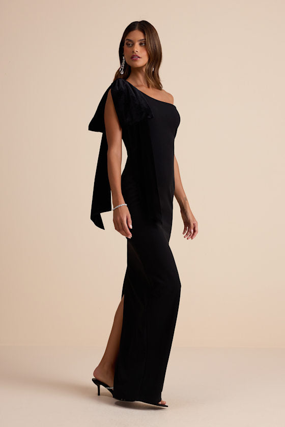 Amarila Black One-Shoulder Velvet Bow Maxi Dress