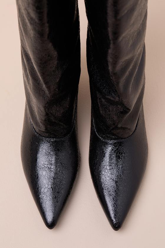 Alexandria Black Distressed Knee-High Kitten Heel Boots
