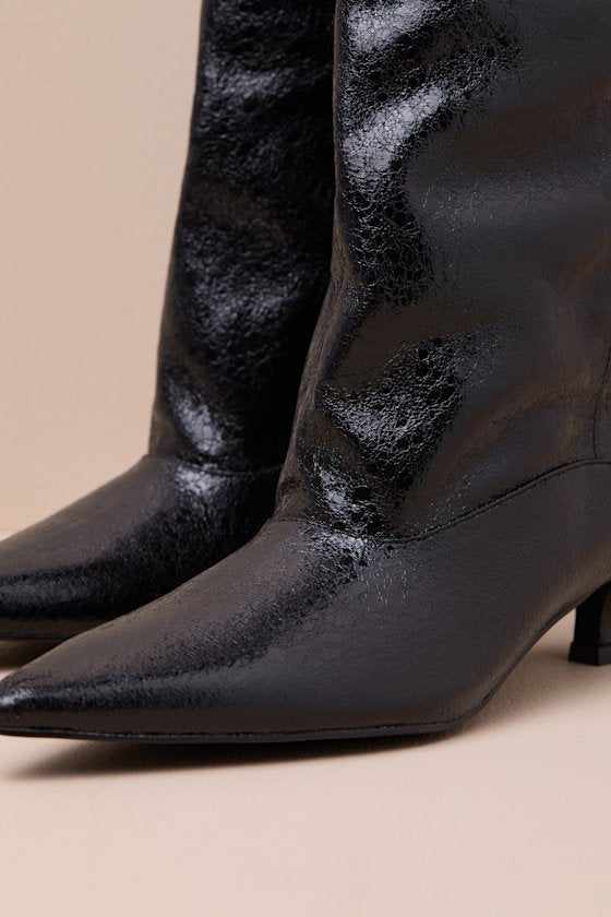 Alexandria Black Distressed Knee-High Kitten Heel Boots