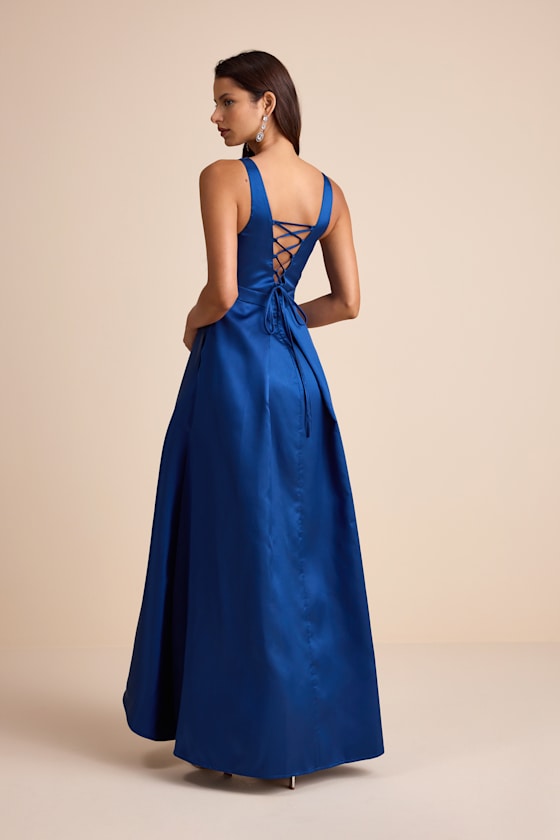 Wisola Blue Taffeta Pleated Corset High-Low Maxi Dress