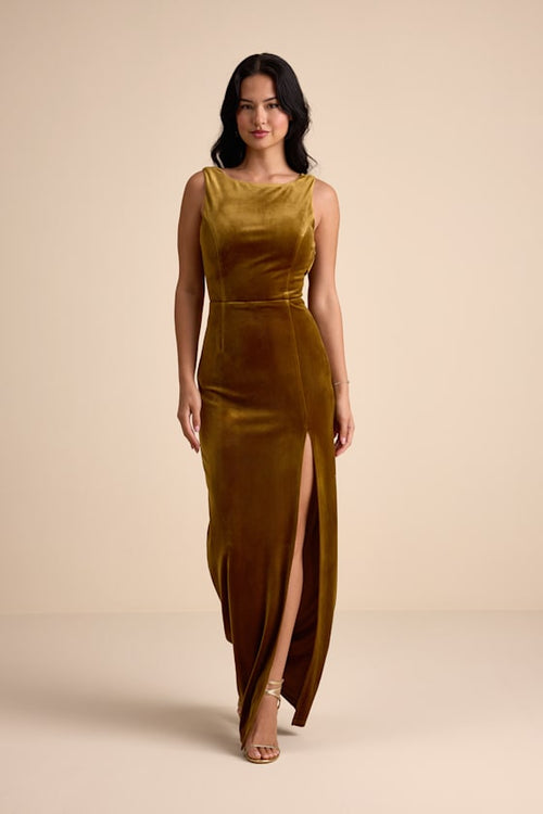 Zoraia Olive Velvet Cowl-Back Sleeveless Maxi Dress
