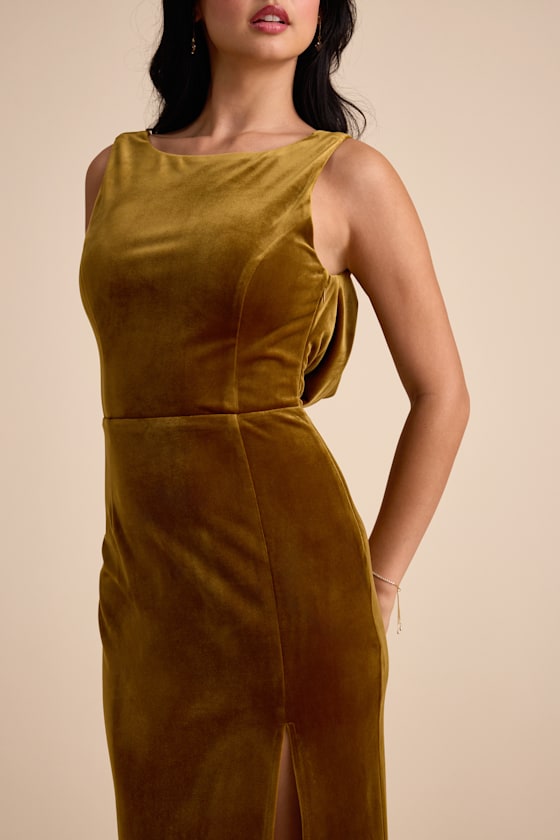Zoraia Olive Velvet Cowl-Back Sleeveless Maxi Dress