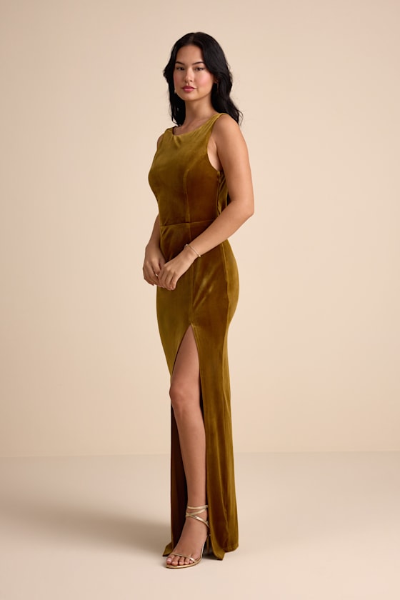 Zoraia Olive Velvet Cowl-Back Sleeveless Maxi Dress