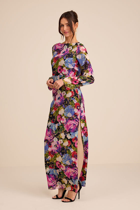 Merrit Black Multi Cowl Back Long Sleeve Maxi Dress