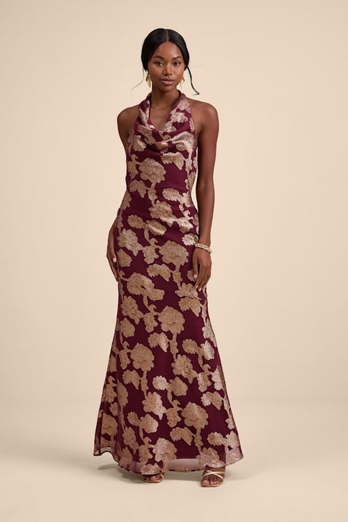 Zafira Burgundy and Gold Burnout Cowl Halter Maxi Dress