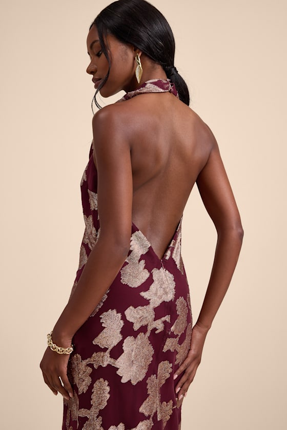 Zafira Burgundy and Gold Burnout Cowl Halter Maxi Dress