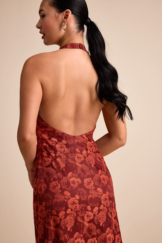 Alaria Rust Satin Jacquard Halter Neck Maxi Dress