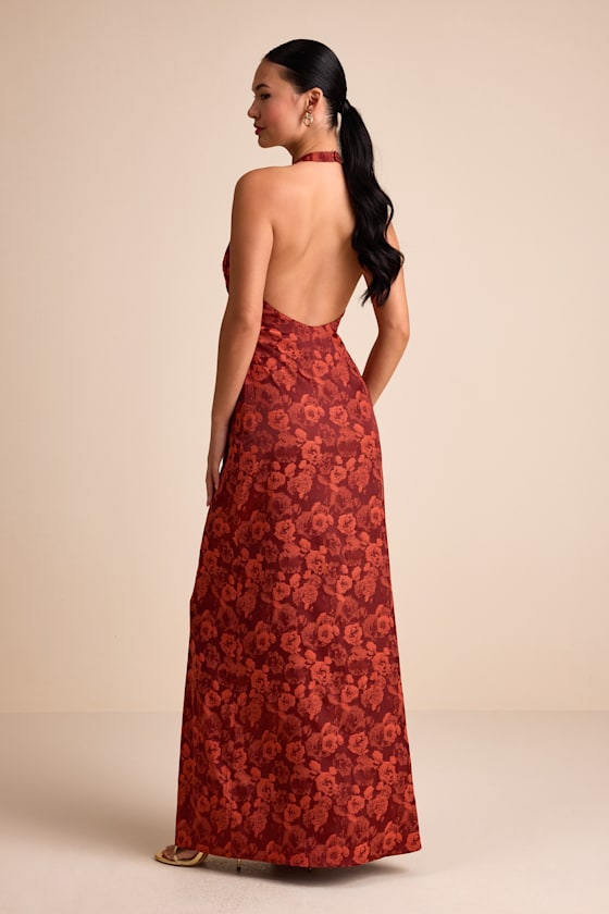 Alaria Rust Satin Jacquard Halter Neck Maxi Dress