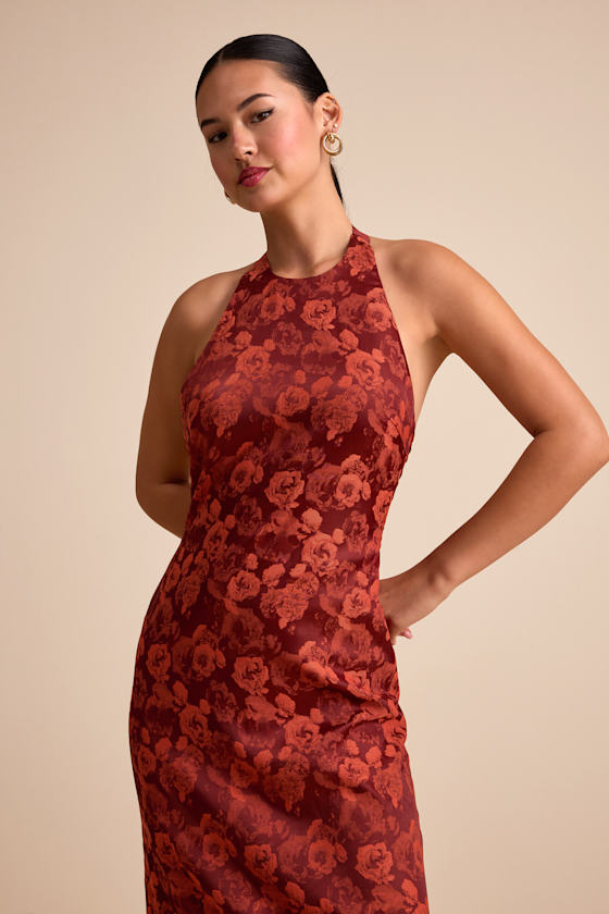Alaria Rust Satin Jacquard Halter Neck Maxi Dress