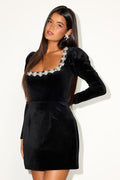 Ioanna Black Velvet Rhinestone Long Sleeve Mini Dress