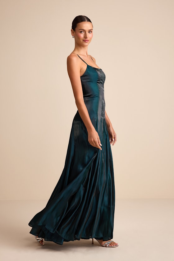 Zeline Dark Green Organza Pleated Drop Waist Maxi Dress