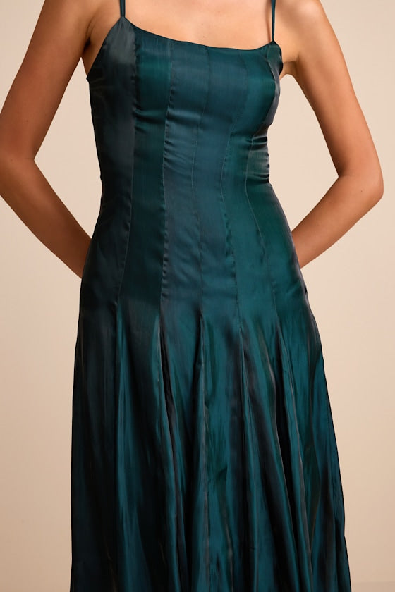 Zeline Dark Green Organza Pleated Drop Waist Maxi Dress