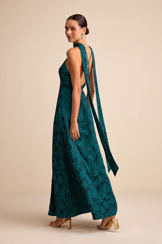 Mahira Emerald Satin Jacquard Surplice Sash Scarf Maxi Dress